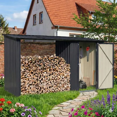 Produktbild von Albatros Profi Gerätehaus M –Geräteschuppen mit Holzunterstand für 2,3m³ Holz, verzinktes Metall in Anthrazit (RAL 7016) | 266x127x161cm | wetterfest