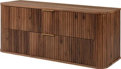 A wooden cabinet with two drawers and gold handles, presented against a white background.