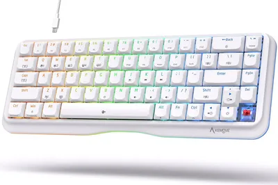 A white mechanical keyboard with RGB lighting is shown on a white background.