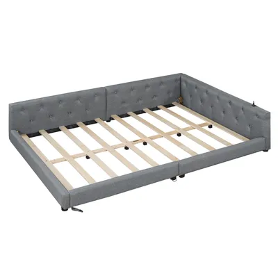 Produktbild von Flieks Tagesbett Daybed Schlafsofa 140x200cm mit USB & Type-c, Polsterbett Doppelbett mit LED, Sofabett Jugendbett mit Rückenklehne, Leinen, Grau