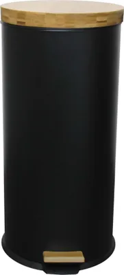 A black pedal bin with a bamboo lid and pedal.