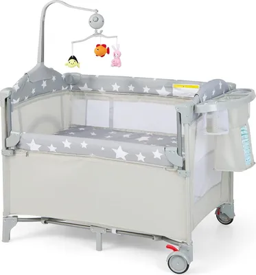Produktbild von 4 in 1 Reisebett mit Matratze, 120 x 60cm Beistellbett Baby mit Rollen, Babybett Klappbar als Wickeltisch & Laufgitter, Kinderreisebett Baby ab Geburt (Beige)