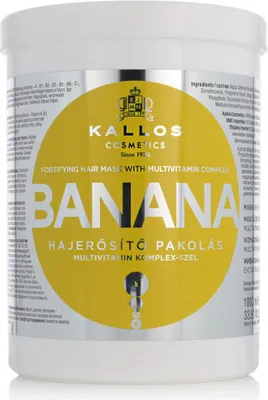 Productafbeelding van Kallos Banana Versterkend haarmasker, 1000 ml, voor dames, geschikt voor droog en dof haar, beschermend, glanzend, verzachtend, met olijfolie, verpakt in een pot
