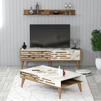 Produktbild von Skye Decor, Valensiya 140 - Walnut, White, Marble, Wohnzimmermöbel-Set, Nussbaum, 100 % MELAMINBESCHICHTETE SPANPLATTEN, 140 x 45 x 35 cm