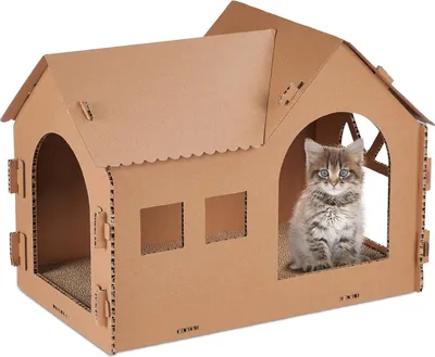 Productafbeelding van Famanu kattenhuis van karton met krabplank - 36 x 49 x 29 cm, bruin