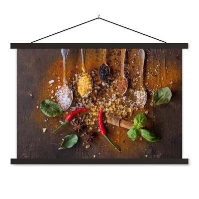Produktbild von MuchoWow® Textilposter Löffel - Kräuter - Chili - Gewürze - Salz 150x100 cm mit schwarzem Rahmen - Schlafzimmer
