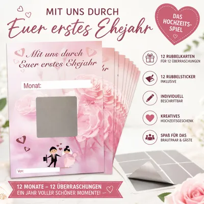 Hochzeits-Spiel mit 12 Rubbelkarten und Rubbelstickern für monatliche Überraschungen im ersten Ehejahr – dekorativ präsentiert.