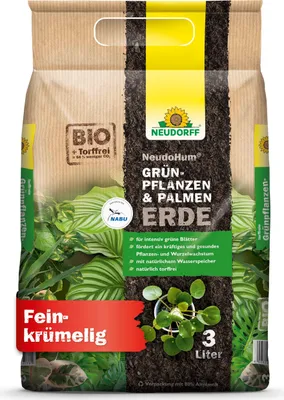 A bag of Neudorff NeudoHum potting soil for houseplants and palms.