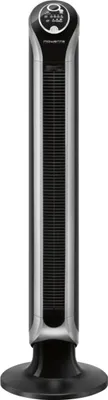 A studio shot of a black and silver tower fan against a white background.