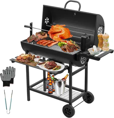 Zdjęcie produktu dla TEENO Drewniany wózek do grilla, grill węglowy XXL z pokrywą, termometrem, szufladą na popiół, rękawicami chroniącymi przed poparzeniem, Aktualizacja