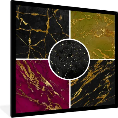 Produktbild von MuchoWow® Gerahmtes Poster Marmor - Gold - Collage 40x40 cm - Poster mit Schwarzem Bilderrahmen Wandposter Rahmen Foto Bilder - Mit Rahmen - Wanddekoration Schlafzimmer