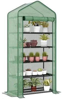 Image de Serre de jardin en film plastique - Étagère à plantes à 5 niveaux - Porte coulissante - Bâche en polyéthylène renforcée - Dimensions : 90 x 49 x 193 cm - Couleur : vert armée