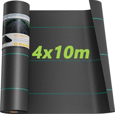 A roll of black weed membrane with green stripes and text overlay.