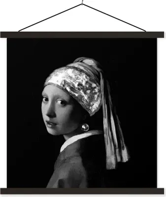 Produktbild von MuchoWow® Textilposter Das Mädchen mit dem Perlenohrring - Johannes Vermeer - Schwarz und weiß 60x60 cm mit schwarzem Rahmen - Posteraufhänger