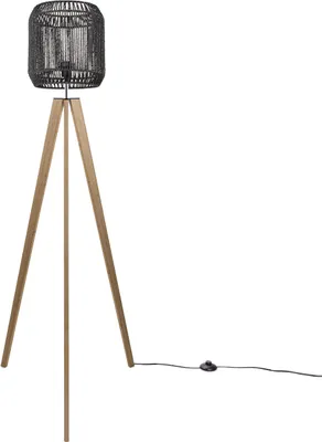 Produktbild von Stehlampe Modern Wohnzimmer Schlafzimmer Rattan Optik Boho Korb Stehleuchte E27 Lampenschirm Schwarz (Ø28 cm) Lampenfuß Stehleuchte Holz