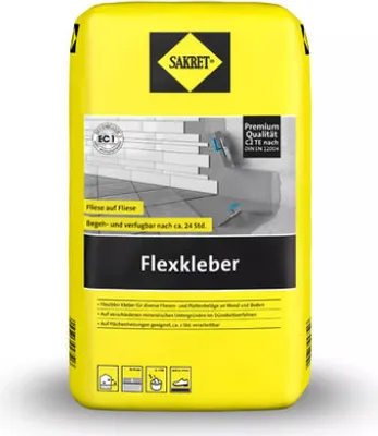 Produktbild von SAKRET Flexkleber Fliesenkleber zementgebunden grau 5 kg frostbeständig für Feinsteinzeug und Fliese auf Fliese