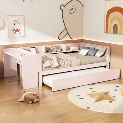 Produktbild von Flieks Kinderbett 90x200cm mit Ausziehbett, Einzelbett Holzbett mit Schreibtisch und Regal, Klassisches Bett für Kinderzimmer, Rosa