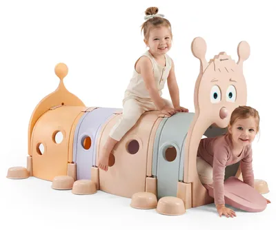 Produktbild von HyperMotion Spieltunnel für Kinder in Raupenform, 4 Segmente aus HDPE, 190 × 105 × 105 cm, pastelfarben für Haus und Garten mit runden Seitenfenstern