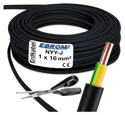 Produktbild von EBROM - 15 Meter NYY-J 1x16 mm2 - SAT Erdungskabel - Satellit Erdung - Erdungskabel für Satellitenanlage Erdkabel grün/gelb