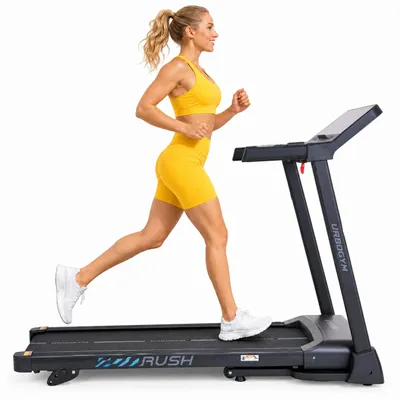 Produktbild von URBOGYM RUSH Laufband klappbar bis 16 km/h, 140 kg, 45 x 130 cm Lauffläche, 3 Steigungsstufen, 15 Programme, Bluetooth, Kinomap & Zwift, LED Display