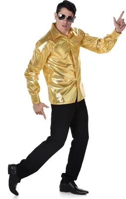A man wearing a gold disco shirt and black pants, posing against a white background.