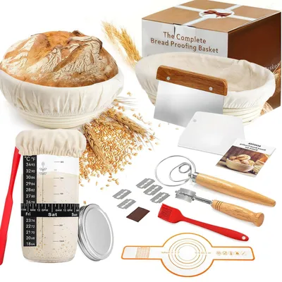 Produktbild von Komplettes Brotbackset – 17-teiliges Set – Sauerteig-Starter-Set – Gärkörbe (rund/oval) – 650 ml Sauerteigglas – Zubehör für das Brotbacken – Brotbackzubehör
