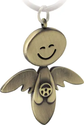 Produktbild von FABACH Schutzengel Schlüsselanhänger Smile mit Lenkrad - Edler Engel Anhänger aus Metall in mattem Bronze - Geschenk Glücksbringer Auto Führerschein - Fahr vorsichtig