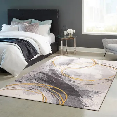 Produktbild von Teppich Wohnzimmer Schlafzimmer Flur Teppich Kurzflor Kreisel Muster in Gelb Creme, Maße:120x170 cm