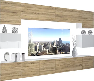 Produktbild von BELINI Wohnwand Vollausstattung Wohnzimmer-Set Moderne Schrankwand mit LED-Beleuchtung Weiß Glänzend Anbauwand TV-Schrank Sonoma Eiche / Weiß Glänzend/Matt