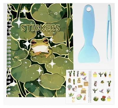 Produktbild von Wiederverwendbares Stickerbuch für A5 Größe mit 40 Blättern Trennpapier, wasserdicht, blanko Aufkleber Aufbewahrungshalter, Organizer mit Lotusblatt und Frosch Einband, inklusive Pinzette und Schaber