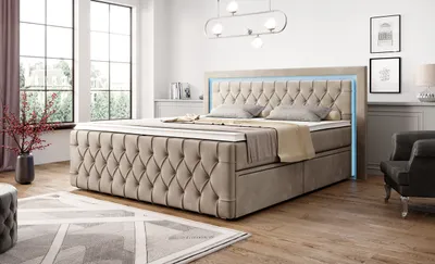 Productafbeelding van Moebelfest boxspringbed 140x200 cm met kleurrijke LED-verlichting: Gestoffeerd bed met 2 lades, pocketveringmatras met 7 zones en een topper (London in beige)