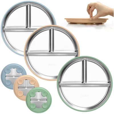 Immagine prodotto di Solidchoice - Set di 3 piatti in acciaio inossidabile per bambini con ventosa in silicone - Piatto antiscivolo per bambini