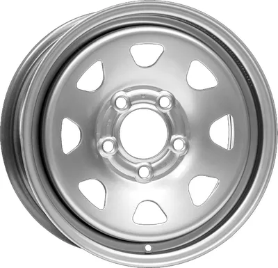 A silver car wheel rim is shown against a white background.