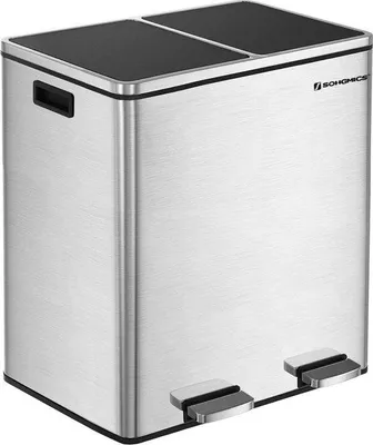 Obrázek produktu pro Uniqoos® XL Duo – odpadkový koš o objemu 60 litrů (2×30 litrů) – nerezový odpadkový koš s pedálem, 2 oddíly pro třídění odpadu, odolný proti otiskům prstů, stříbrná barva, rozměry 58,6×32×65 cm