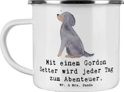Produktbild von Mr. & Mrs. Panda Blechtasse Gordon Setter Abenteuer - Weiß - Geschenk, Hund, Teetasse, Kaffeepott, Hunderassen Eigenschaften, Emaille Tasse, Entdecker, bewegungsfreudig