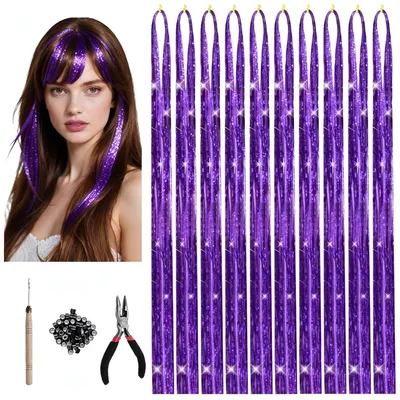 Image de 10 paillettes violettes pour les cheveux, 120 cm de mèches pailletées pour les cheveux avec accessoire, pour le carnaval, Mardi Gras et les festivals