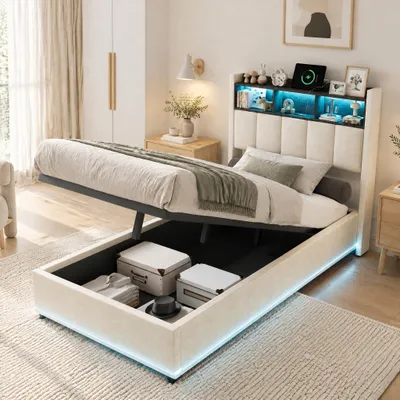 Image de INONEFT, lit rembourré 90x200 cm, lit à lattes avec espace de rangement hydraulique, lit pour adolescents avec éclairage LED et ports USB, revêtement en velours, couleur beige