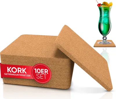 wortek Kork Untersetzer - Deko Tischset I Korkdeckel Getränke, Gläser, Tassen, Bar & Tisch, 10er Set I 10cm I Eckig