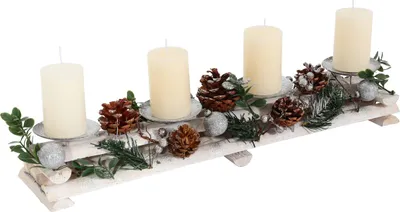Obrázok produktu pre Adventný aranžmán HWC-M12 so svietnikmi, adventný veniec Vianočná dekorácia drevo strieborná biela 18x49x13cm  ~ so sviečkami