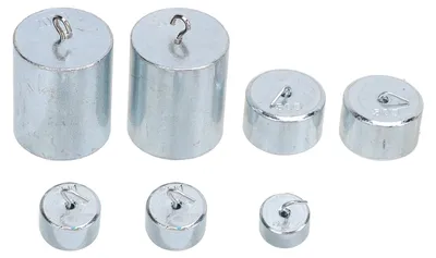 Produktbild von 7-teiliges Hakengewicht-Set, 10 g, 20 g, 50 g, 200 g, Chromstahlhaken für die Laborschule