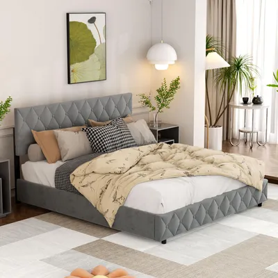 Produktbild von okwish Boxspringbett Polsterbett 180 x 200 cm mit Kopfteil in Knopfnahtverzierung, Hydraulisches Stauraumbett mit Bettkasten Stauraum,  Doppelbett Jugendbett mit Lattenrost aus holz und Metallrahmen(Ohne Matratze)- Hellgrau
