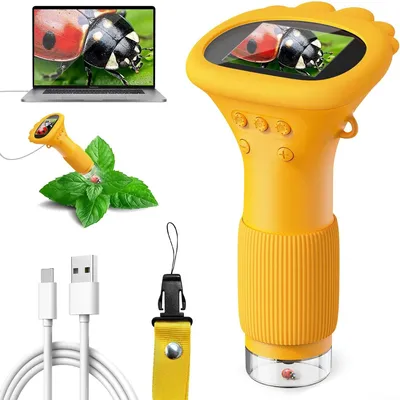 Produktbild von Mikroskop für Kinder 200X Zoom, Mini-Taschenmikroskop mit USB-Anschluss, wiederaufladbar, 2,0" Bildschirm, Orange