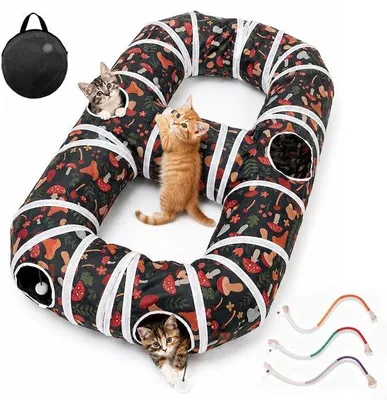 Produktbild von Katzen-Tunnel in 8-Form mit hängenden Pompons und Löchern, faltbarer Katzenspielzeug mit 3 Kauspielzeugen zur Zahnreinigung, geeignet für Kätzchen und Katzen