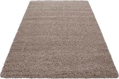 A beige shaggy rug is shown from a slightly elevated angle against a white background.