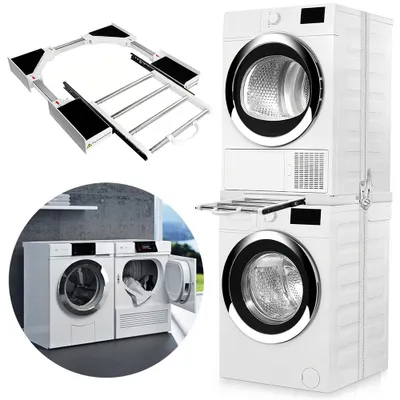 A collage of images showing a washing machine stacking kit, a stacked washing machine and dryer, and a side-by-side washing machine and dryer.