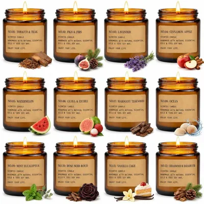 Image de Coffret de 12 bougies parfumées en verre, à la cire de soja, durée de combustion de 300 heures, idéal pour offrir