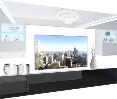 Produktbild von BELINI Wohnwand Vollausstattung Wohnzimmer-Set Moderne Schrankwand mit LED-Beleuchtung Weiß Glänzend Anbauwand TV-Schrank Weiß / Schwarz Glänzend