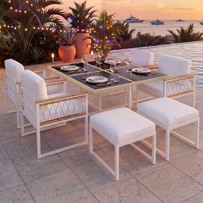 Produktbild von MODFU Gartenlounge- Set, Gartenmöbel  Gartenstuhl   Balkonmöbel-Set, 7er set Esstisch und Stühle für 6 Personen, mit Sitzkissen  und Rückenkissen,Akazieholz, Holzfarbe+ Weiß