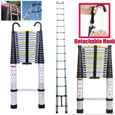 Obrázok produktu pre Teleskopická rebrík – domáca rebrík – hliník – 6,2 m – odnímateľný hák – nosnosť 150 kg – kompaktná – strieborná