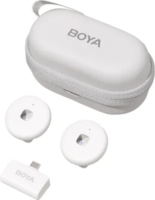 Obrázek produktu pro BOYA Omic-UW bezdrátový mikrofonní systém s 1 přijímačem + 2 vysílači + 1 nabíjecí box, dosah přenosu 50 m, integrovaná náhradní baterie pro telefony Android, počítač, notebook, kameru pro živé vysílání, rozhovory, vlogy